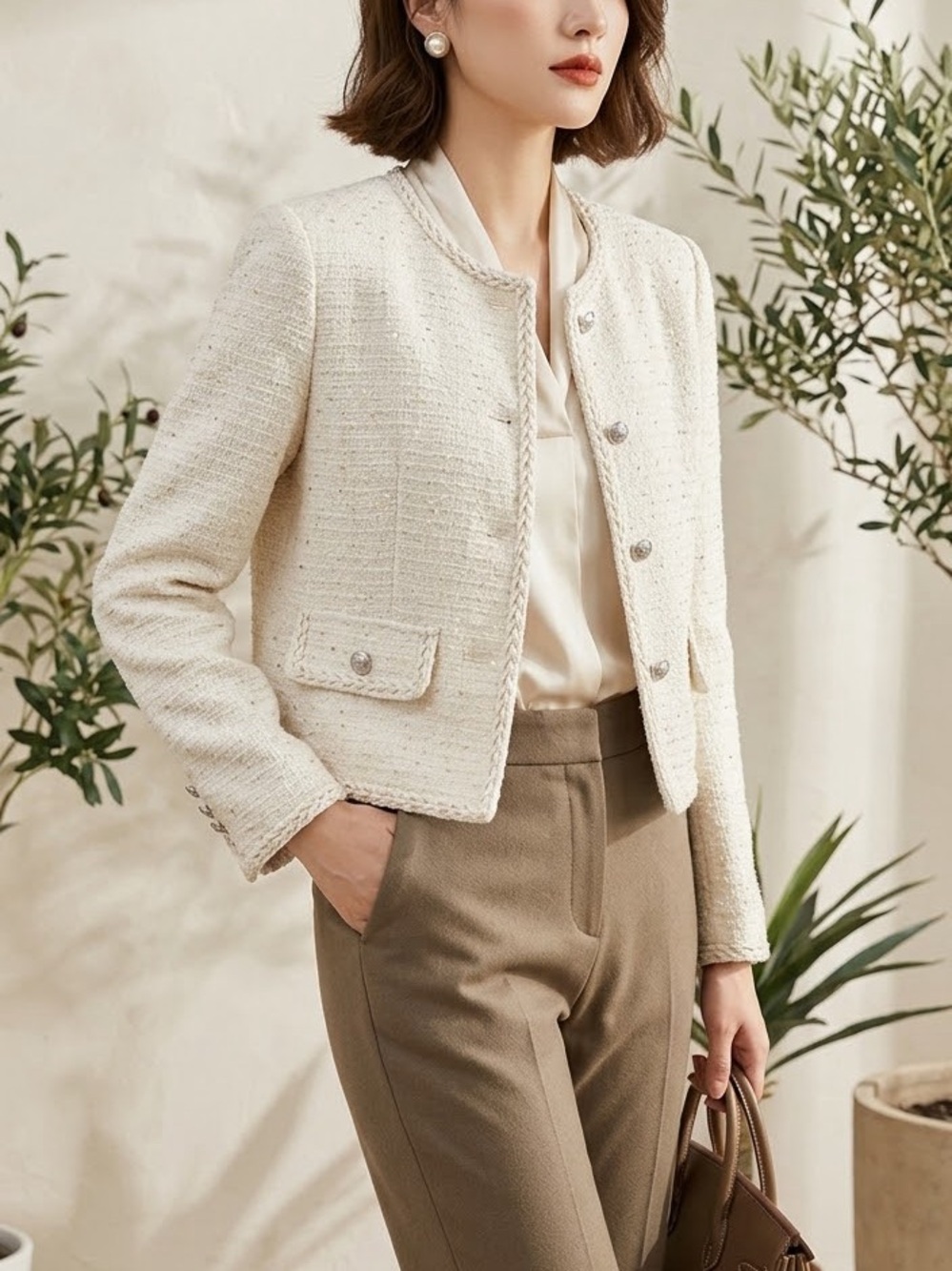 Elegant Cream Tweed Cropped Jacket - Classic Women's Coat